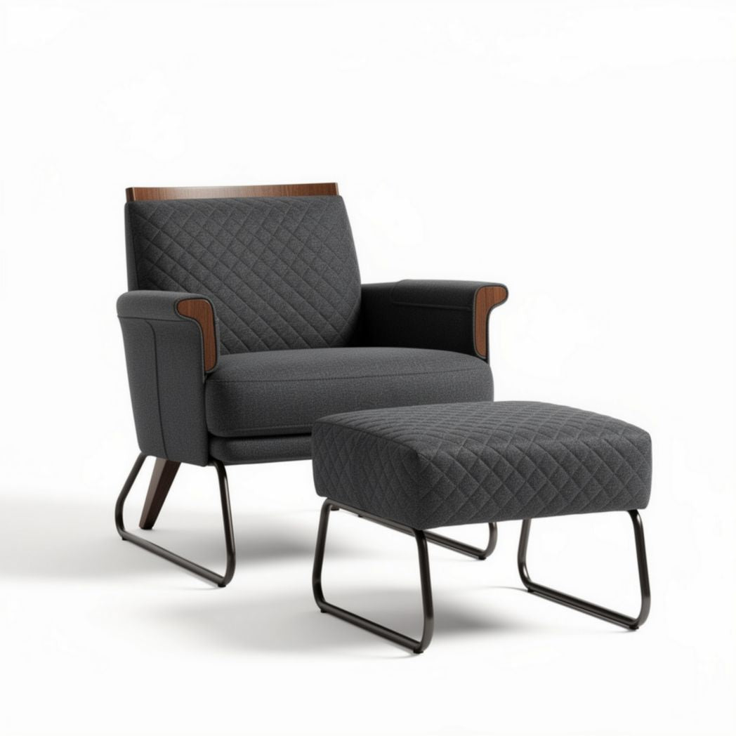 Upholstered lounge chair and ottoman set with wood accents in gray 80 x 75 x 85cm
