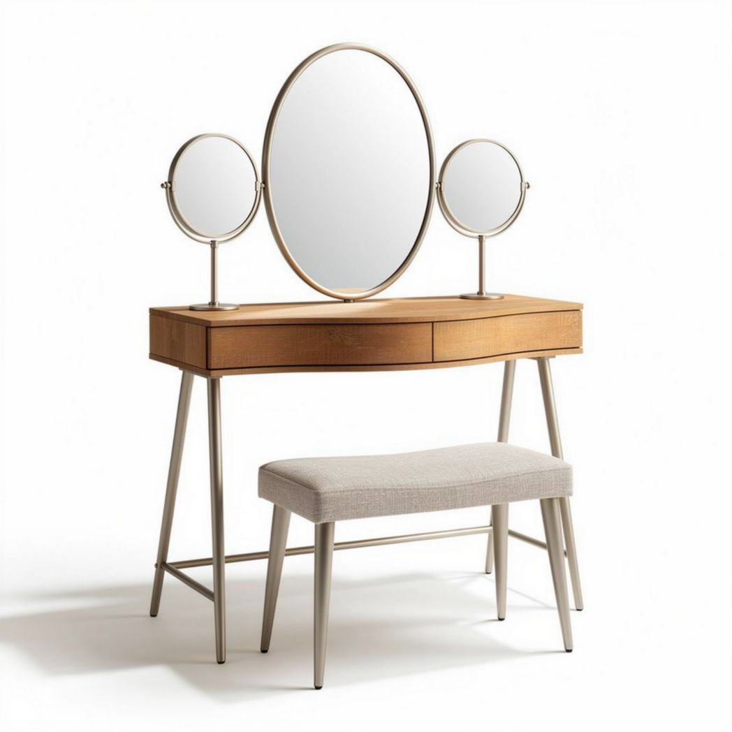 Vanity table with three mirrors and storage drawer in oak finish 103 x 40 x 76cm
