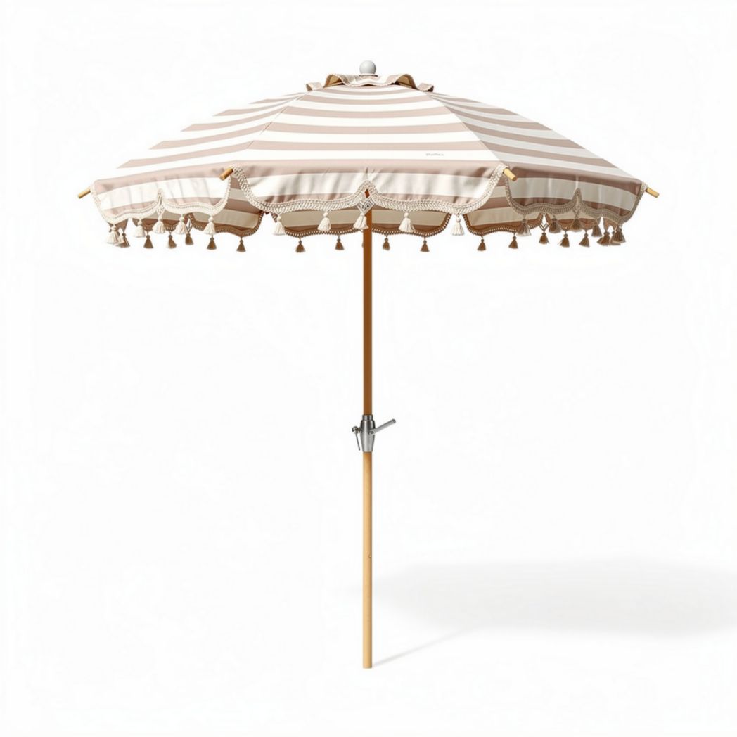 Outdoor patio umbrella with fringe design wooden pole 240 x 240 x 250cm