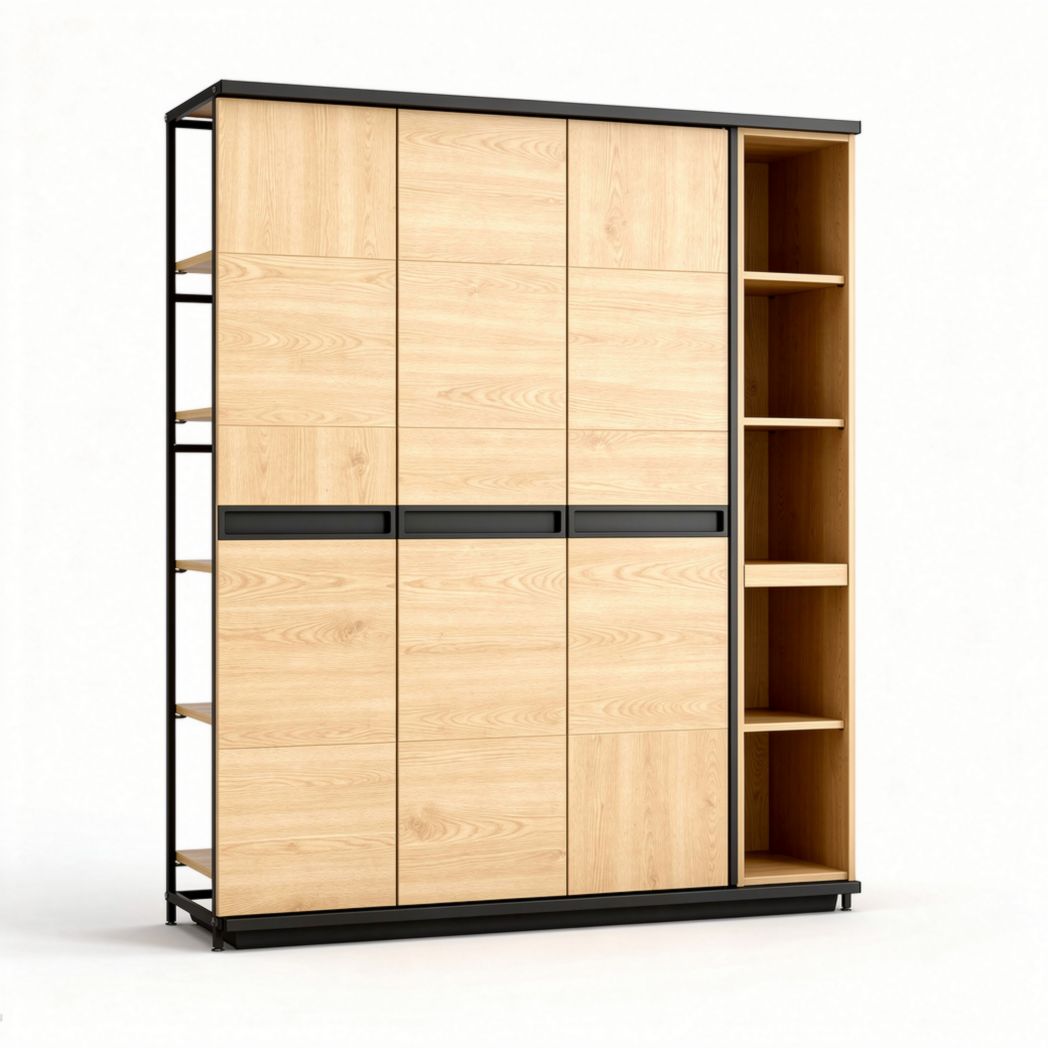 Wooden storage cabinet with open shelving and black metal frame 200 x 40 x 210cm
