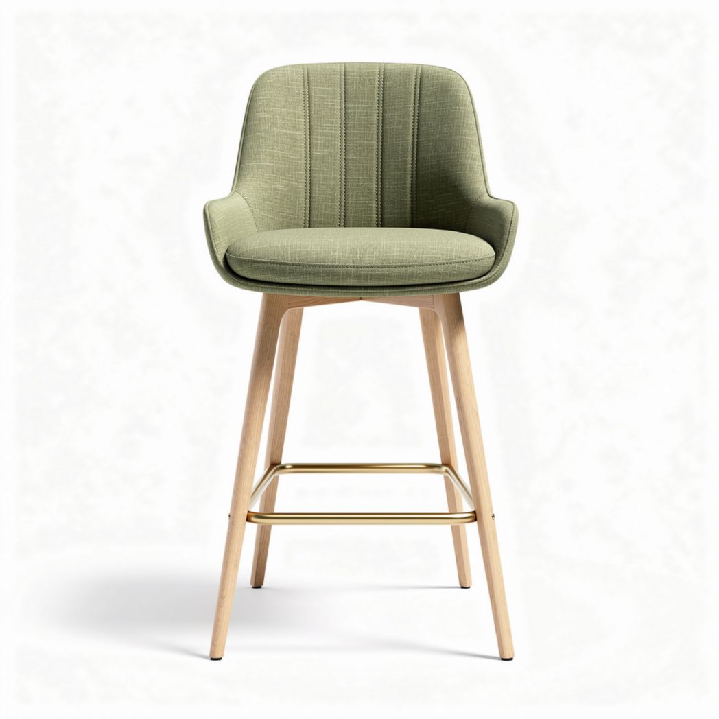 Green upholstered bar stool with wooden legs and gold accents 45 x 50 x 100cm