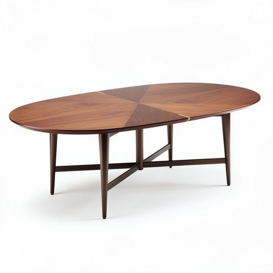 Oval walnut wood dining table with tapered legs and inlay detail 200 x 100 x 75cm
