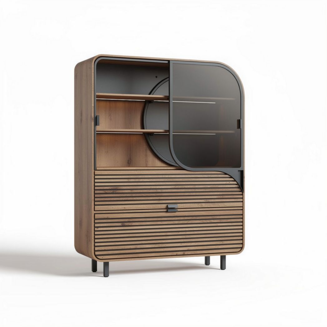 Modern wooden storage cabinet with glass door and shelves 90 x 70 x 150cm