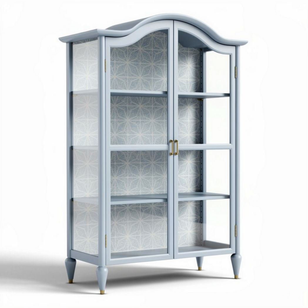 Glass door display cabinet in light blue finish with four shelves 60 x 30 x 120cm